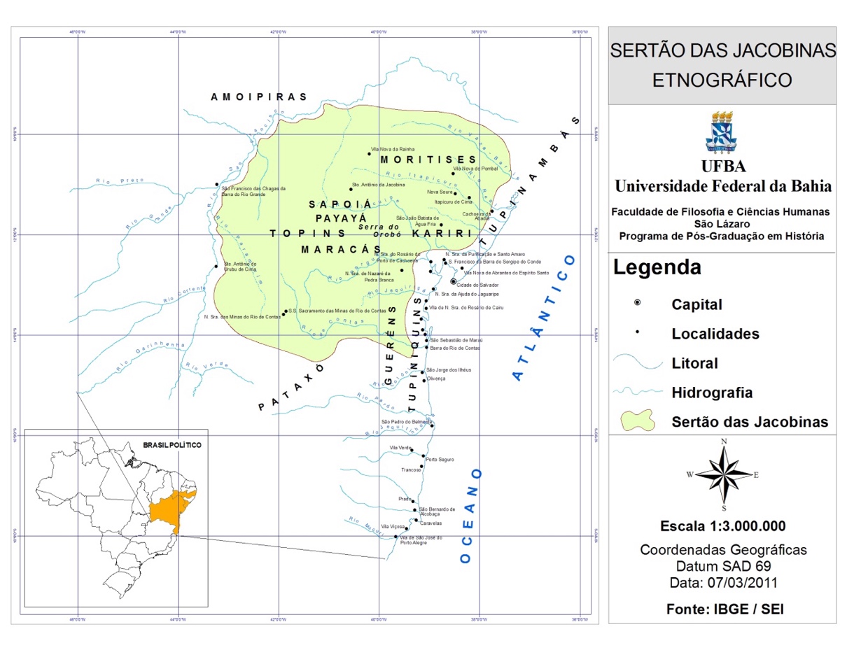 Ethnographic map of Sertão das Jacobinas. In Santos, Solon Natalicio Araujo dos. “Conquista y Resistencia de los Payayá en el Interior de las Jacobinas: Tapuia, Tupi, colonos y misioneros (1651-1706).” Master´s thesis. Salvador: Graduate Program in History: FFCH-UFBA, 2011. p. 38.