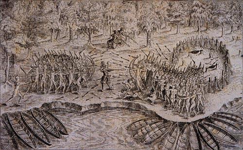 ”Lucha de Champlain con los Iroqueses”, ilustración de Samuel de Champlain c. 1613, en Francis Parkman, Historic Handbook of the Northern Tour: Lakes George and Champlain; Niagara; Montreal; Quebec (Boston, MA: Little, Brown & Company, 1912), 9.
