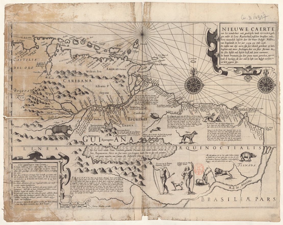 Jodocus Hondius. Nieuwe *Caerte van het wonderbaer ende goudrijcke landt Guiana, gelegen onder de Linie Aequinoctiael tusschen Brasilien ende Péru*. Ámsterdam, 1598. Fuente: Gallica.
