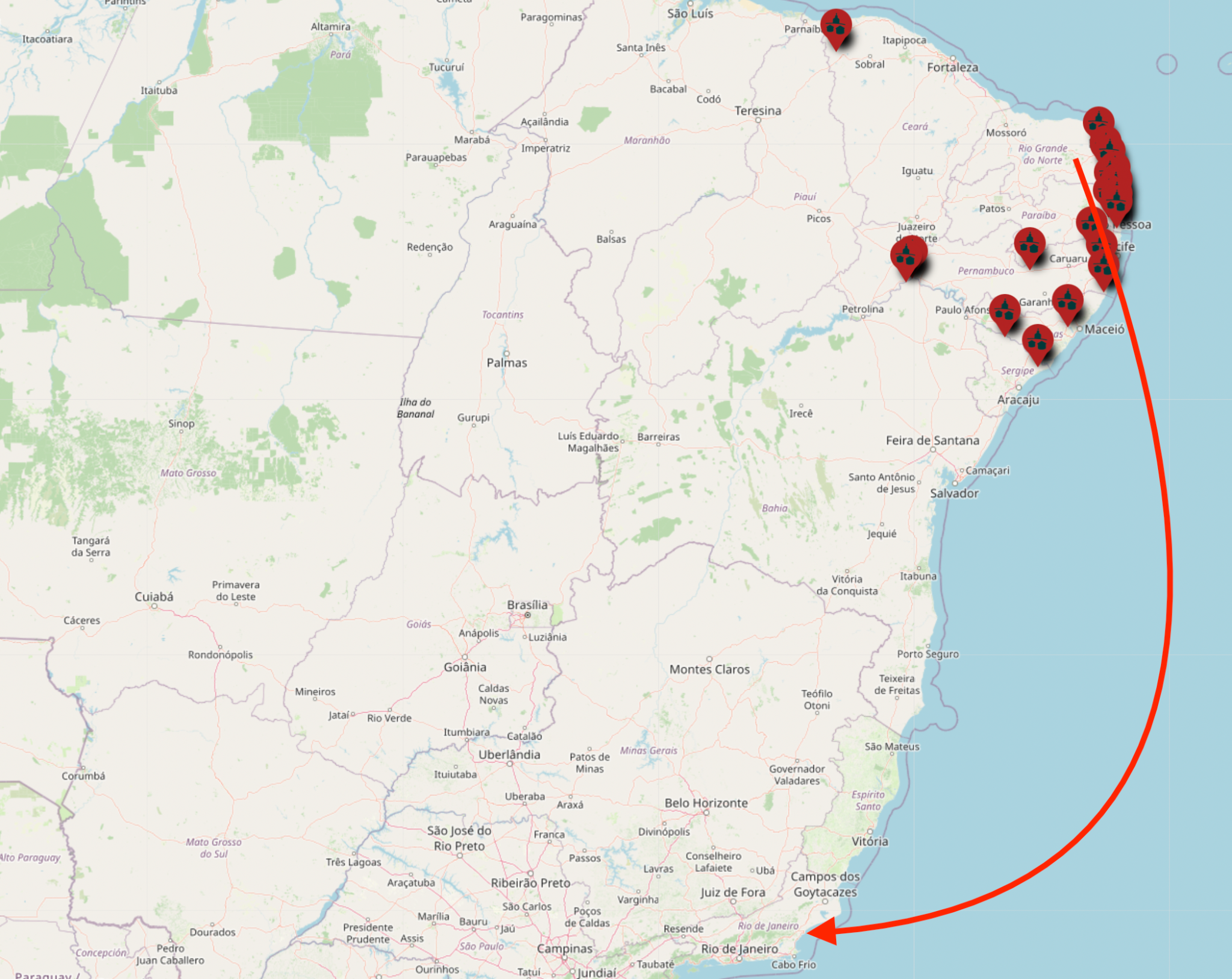 Figure 6: Map based on “Relatório da Diocese de Pernambuco” (1693). Original version available at: https://www.atlasindigena.org/post/1693-relatório-da-diocese-de-pernambuco.