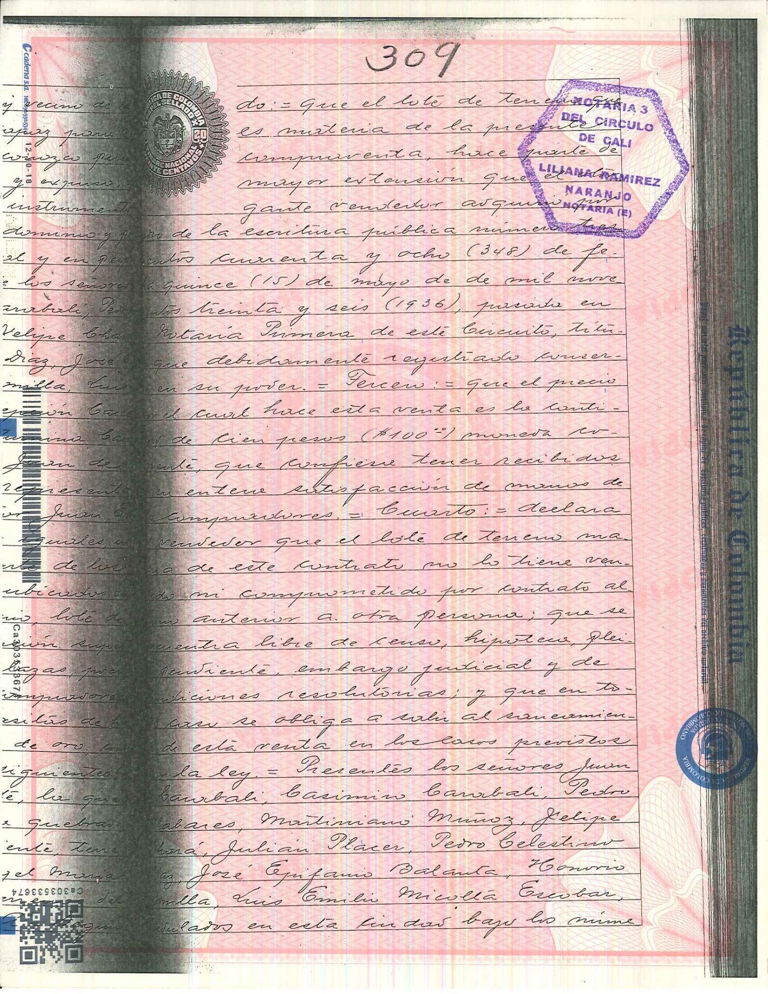 Ilustración 3. Página 3, Escritura pública 526 del 9 de junio de 1939. Notaría tercera de Cali, Colombia.