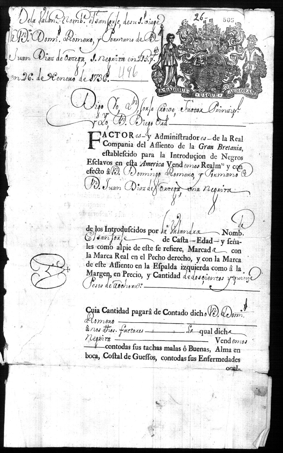 “Factura de Venta,” 1736. In Caja Negros y Esclavos Cundinamarca, Tomo 8, Folio 505R, Archivo General de la Nación, Bogotá, Colombia.