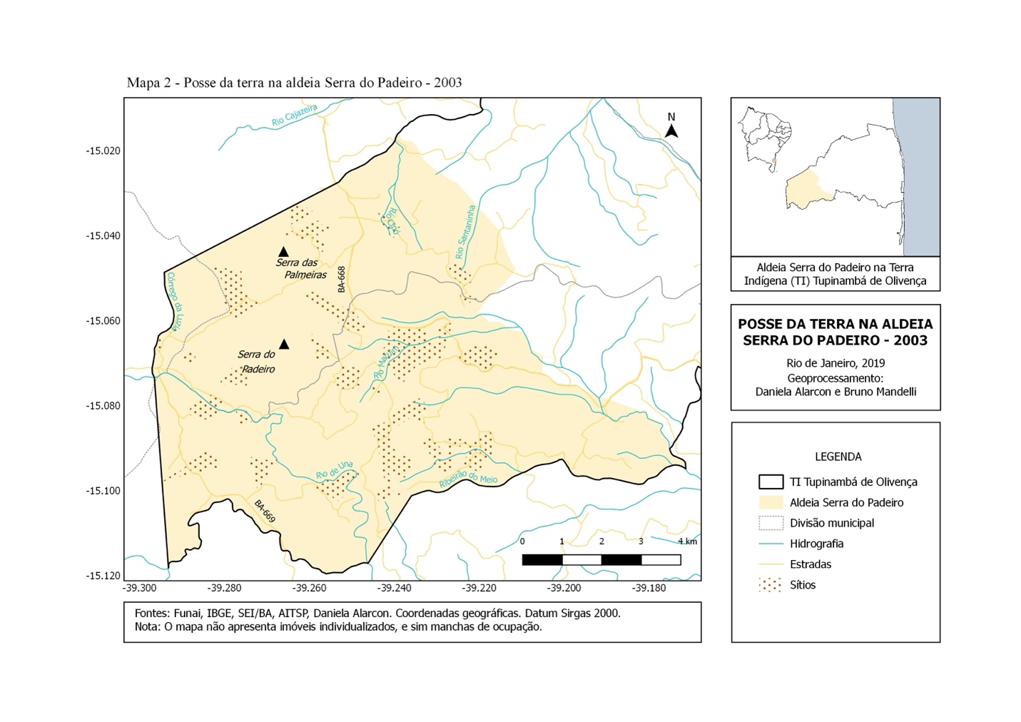Land tenure in Serra do Padeiro in 2003. Due to dispossession, the Tupinambá of Serra do Padeiro were restricted to less than 10% of their territory (dotted areas). Source: Alarcon (2022, p. 119).