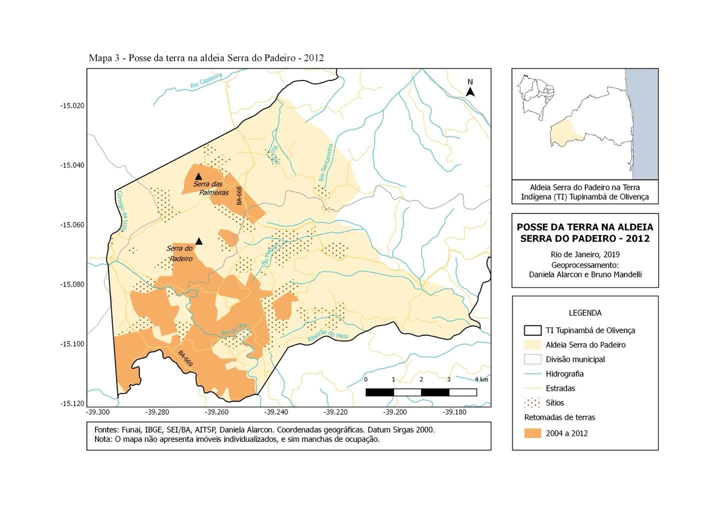 Land tenure in Serra do Padeiro in 2012. After a first round of direct actions (retomadas de terras), the Tupinambá began to recover important portions of their territory (orange areas). Source: Alarcon (2022, p. 120).
